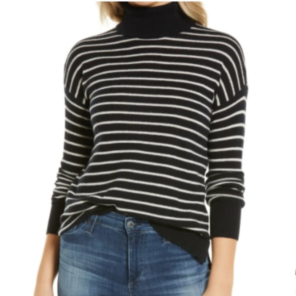 NWOT Nordstrom 100% Cashmere Turtleneck Sweater (XS / Black-Ivory Strip)